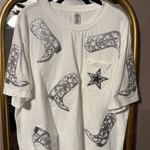 Dallas Cowboys  White Tee with Silver Boots Accents